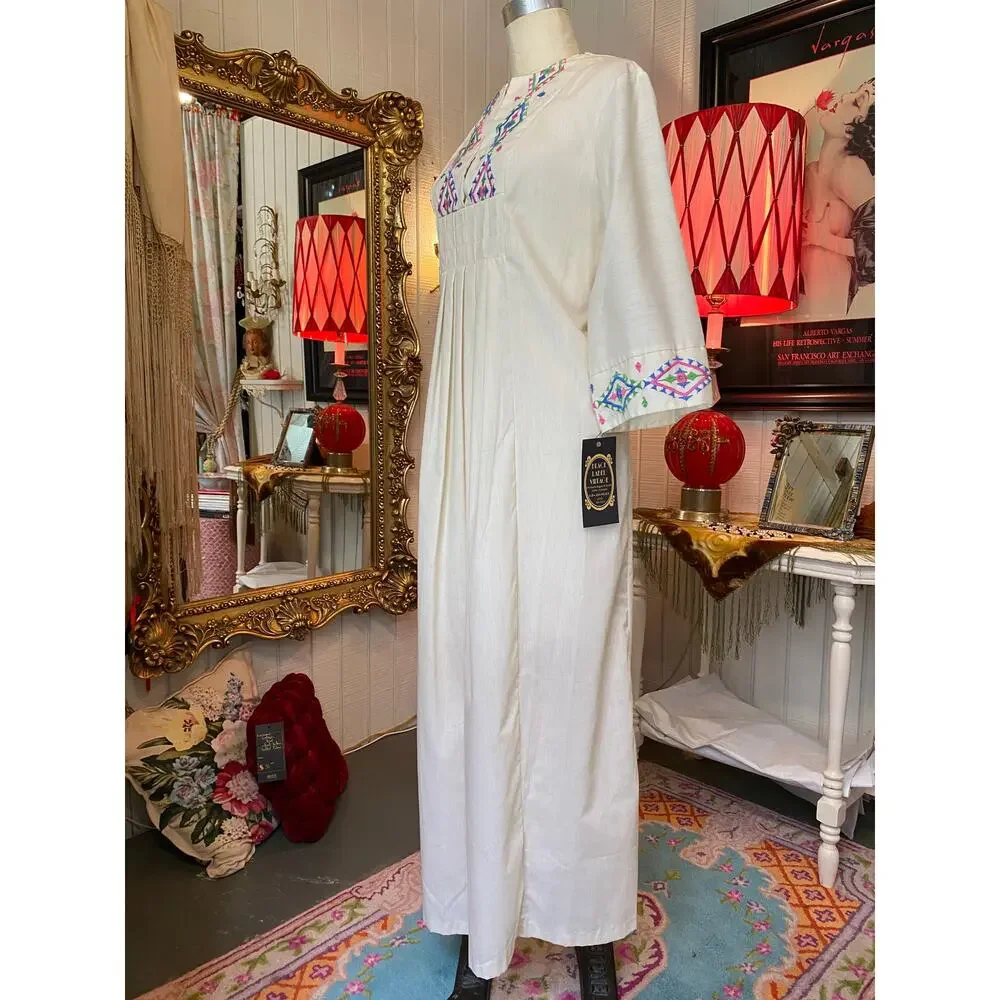vintage 1970s cotton embroidered kaftan 70s loungewear southwestern maxi dress - Picture 9 of 10